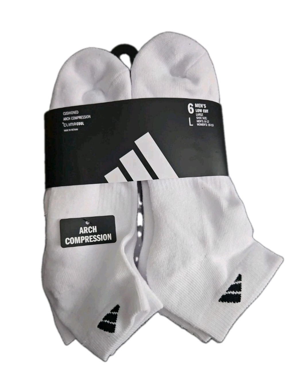 Adidas Cushioned Low Cut Socks 6 Pairs White Large Compression Shoe Size 8-12